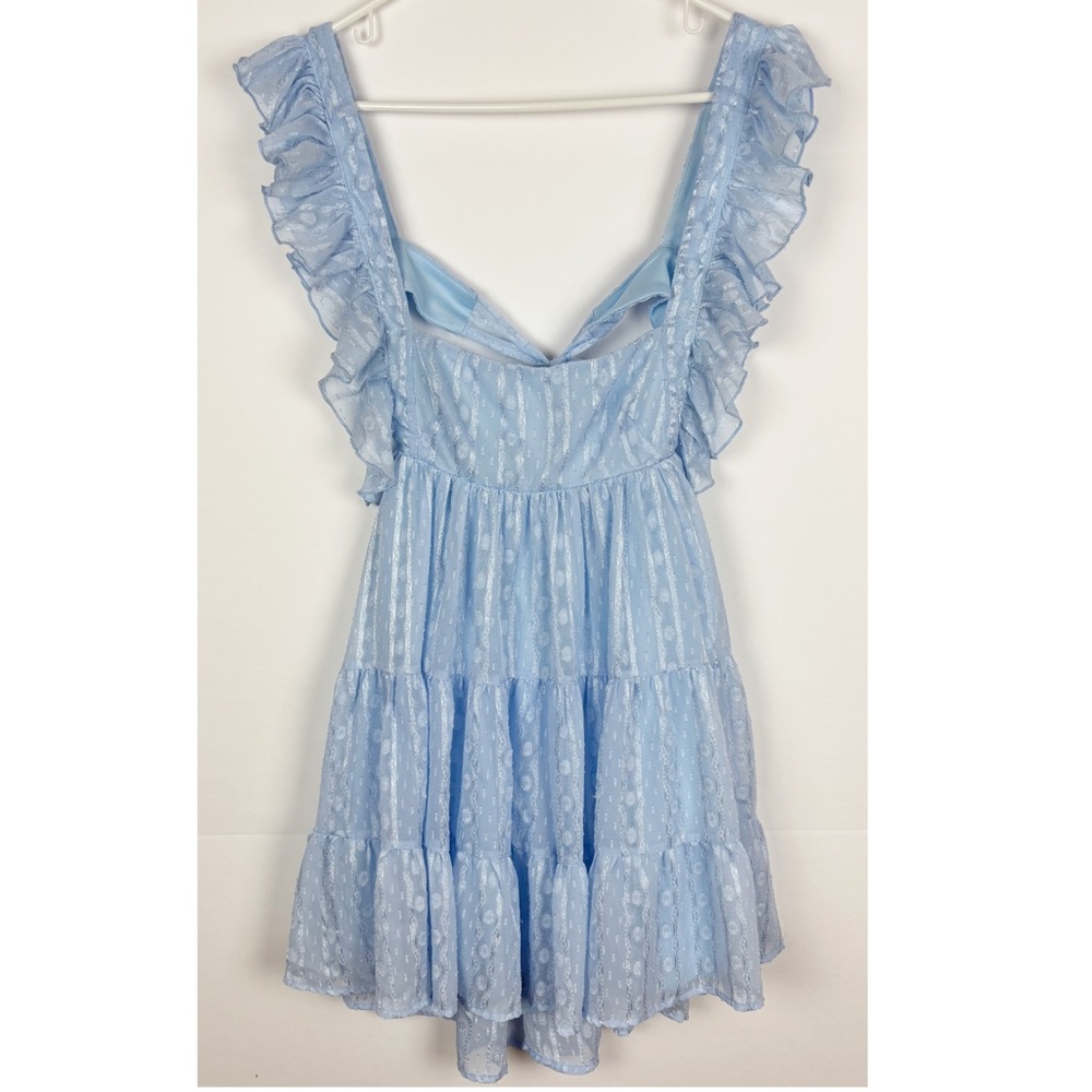 Lucy in The Sky Dress Size Medium Baby Blue Tiered Ruffle Open Tie Back Mini - Picture 6 of 6